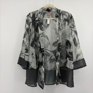Chicos Kimono Topper Black White Floral Polka Dot Women Size XL Chiffon Sheer